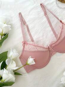 Ladies' Solid Color Lace Patchwork Bra With Bow Decoration, Kawaii - Dusty Pink - View 5