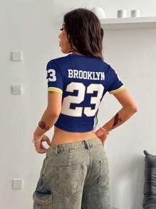 Coolane 女士夏季街头时尚 Y2K 闪亮水钻修身 T 恤 - 藏蓝色 - 查看 2