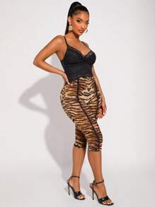 SHEIN SXY 女式休闲性感虎纹网眼透视图案七分紧身裤，夏季 - 彩色 - 查看 3