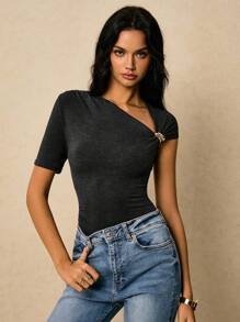 Poéselle Women's Solid Color Asymmetric Neckline Metal Decor Short Sleeve T-Shirt - Grey - View 3