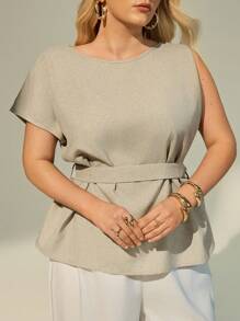 Auralis Plus Size Solid Color Summer Khaki Smart Casual Office Shirt,Elegant Commuter Business Asymmetric Sleeve Tops,Teacher Work Fashion For Women - Khaki - View 1