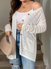 SHEIN LUNE Áo len cardigan dệt kim rỗng màu trơn đa năng cỡ lớn, thường ngày - trắng - Xem 6