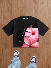 Manfinity Joysei Men's Streetwear Summer Floral Print Loose Short T-Shirt Hibiscus Shirt Graphic Tees Men Crop - Black - View 1