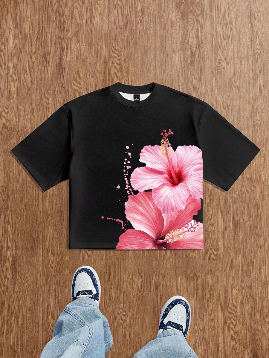 Manfinity Joysei Men's Streetwear Summer Floral Print Loose Short T-Shirt Hibiscus Shirt Graphic Tees Men Crop - Black - View 1