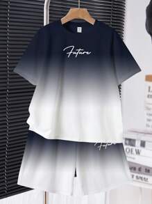 Tween Boy Casual Minimalist Letter Graphic Short Sleeve T-Shirt & Shorts 2Pc Set, Suitable For Summer