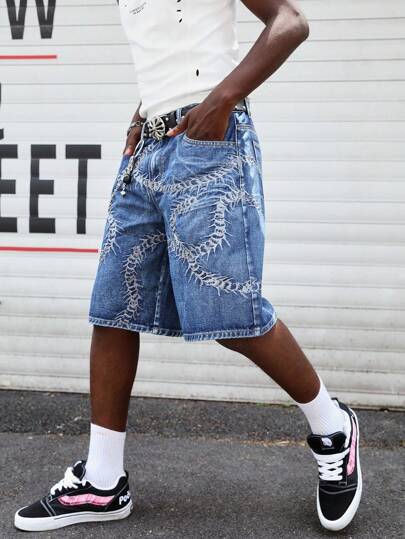 Goth Herren Lässige Sommer Straight Fit Jeans Shorts mit Stickerei Design, Gürtel nicht enthalten