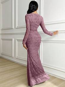 Veilorie Women's Round Neck Long Sleeve Jacquard Ruched Slim Elegant Dress - Purple - View 2