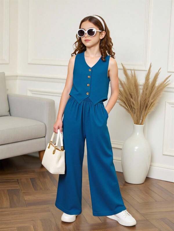 2pcs/Set Girls Casual Blue Loose Fit Sleeveless Top And Relaxed Pants Set