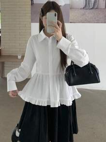 DAZY Áo kiểu Hàn Quốc tay dài cổ polo viền bèo nhún trơn màu cho nữ, áo babydoll, quần áo nữ mùa thu - trắng - Xem 6