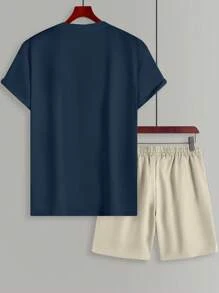 Manfinity Homme 2pcs Men Letter Print Round Neck Short Sleeve T-Shirt & Drawstring Waist Pocket Shorts Set Outfits For Men Summer Men Clothing Outfit