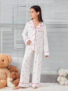 SHEIN 女大童碎花拼接滾邊睡衣套裝 - 白色 - 查看 3