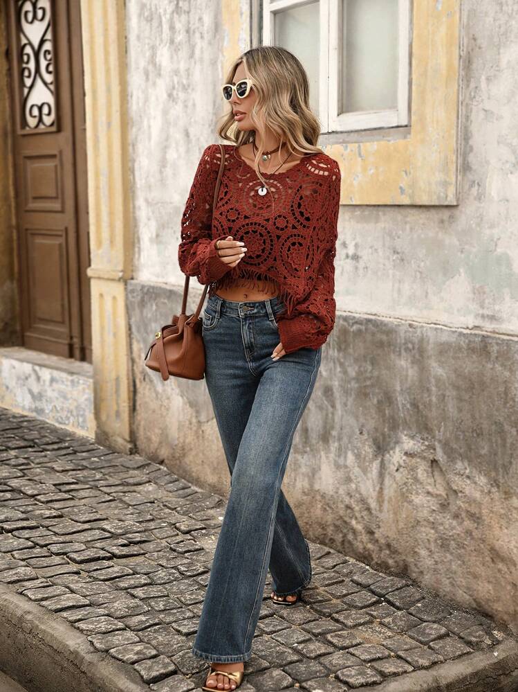 Brillora Suéter floral de mujer con flecos calados para vacaciones - Óxido marrón - Añade 5