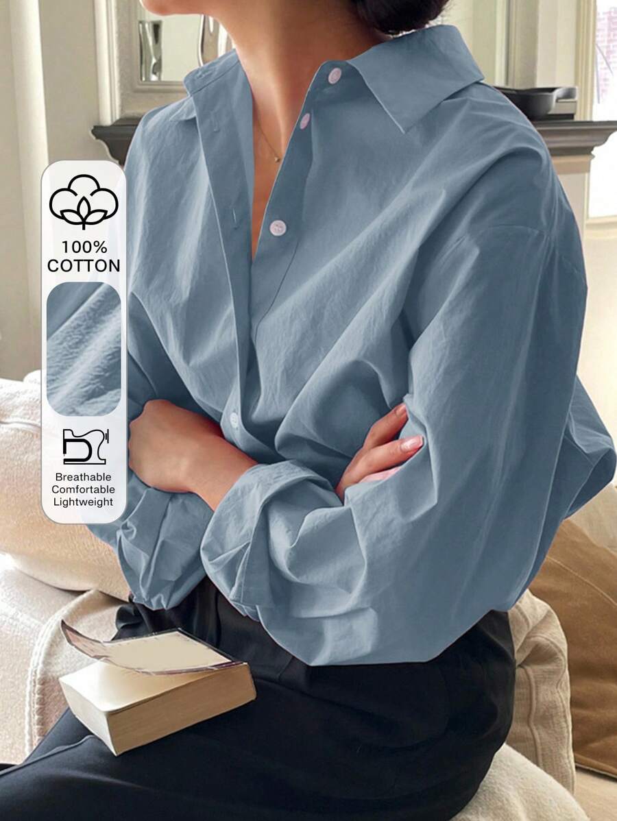 DAZY 女式简约纯色宽松落肩长袖衬衫，夏季 - 水鴨藍 - 查看 1
