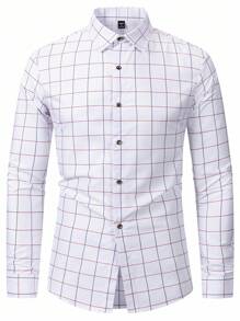 Manfinity Mode Men's Business Casual Blue Plaid Shirt Men Dress Shirt Men Checkered Shirt Men Business Casual Shirt Men White Dress Shirt Men Long Sleeve Shirt, Fall - White - View 4