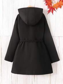 SHEIN 青少年女孩休闲简约舒适连帽束腰中长夹克，秋冬