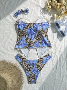 Swim Vcay Matching 2pcs Women Animal Floral Print Twist Mesh Splice High Cut Triangle Bikini Top And Bottom For Summer Beach Vacation - Multicolor - View 4