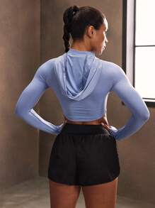 Powerista Women's Plain Raglan Sleeve Hooded Zip Front Athletic Jacket, Fitted - Dusty Blue - View 2