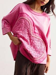 Bohemela Women's Casual Solid Color Knit Round Neck Short Sleeve Loose Wash T-Shirt Pink Top Pink Sweater Pink Shirt Embroidered Top Womens Pink Top