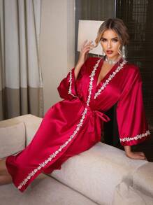 SilkySpell Bata elegante de mujer decorada con bordados, otoño - Burdeos - Ver 6