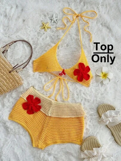 SHEIN ICON Women's Hawaii Cute Going Out Fashion Vacation Yellow Crochet Sxy Halterneck V Neck 3D Floral Decorated Halter Crochet Bikini Sweater Top