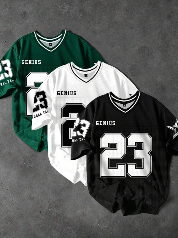 PAVTROS Camiseta informal holgada de hombre con estampado numérico y de texto en inglés, estilo juvenil