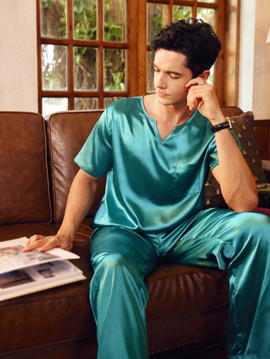 EverLounge Polyester Short Sleeve Long Pants Drawstring Casual Sleepwear Suit Set For Men - Green - View 1