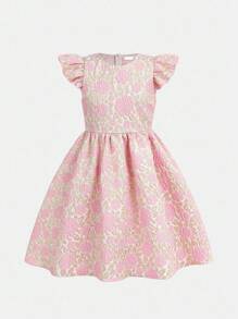 Tween Girl Floral Jacquard Ruffle Trim Dress, Party Wear - Pink - View 7