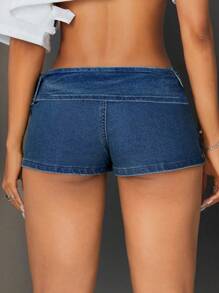 Jeanoix 女士性感低腰迷你牛仔短裤，夏季 - 中等水洗藍 - 查看 2