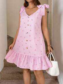 SHEIN LUNE 大码女式碎花肩部休闲夏季海滩装女士连衣裙波西米亚风夏季彩虹波西米亚风复古风女士夏季服装七月四日假期狂欢服装节日假期服装 - 粉色 - 查看 6