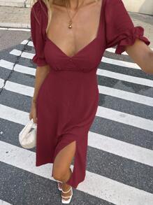 Serisse 女士纯色甜心领短款泡泡袖侧开衩下摆休闲中长连衣裙，夏季 - 酒紅色 - 查看 7