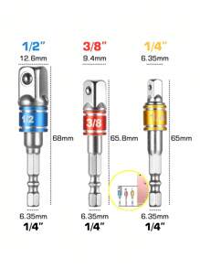 3 件套冲击级套筒适配器套装、适用于电钻的钢制六角柄转方形套筒钻头、带颜色编码环的无绳冲击起子机、家用和汽车维修工具 - 銀色 - 查看 4