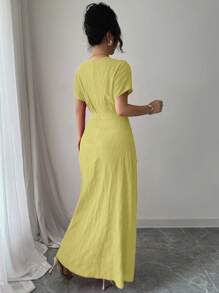 Rafferiza 女式夏季纯色V领短袖休闲连衣裙 - 綠色 - 查看 2