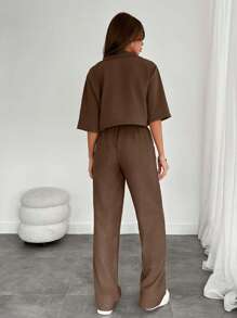 EURMUSE Women's Two Pieces Shirt And Wide Leg Pants With Drawstring - Brown - View 2