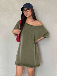 SHEIN EZwear Summer Vintage Washed Cowgirl Music Festival Loose Asymmetrical-Shoulder T-Shirt Dress - Army Green - View 5
