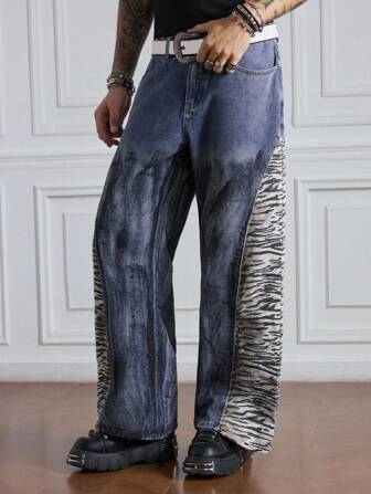Grunge Punk Jeans casual da uomo a vita larga, senza cintura, con fantasia a patchwork a stampa zebrata