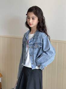 SHEIN TWEEN GIRLS Denim Jacket, Distressed Frayed Design Fashion Street Wear Denim Outerwear, Light Wash Short Style, Versatile, New Arrival Girls Cropped Denim Jacket Fall Winter