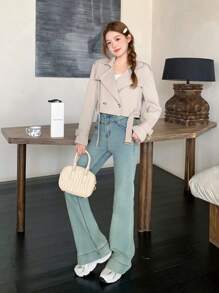 SHEIN Teen Girl Lapel Double Breasted Long Sleeve Short Trench Coat, For Daily Casual,Autumn/Winter,Back To School Cropped Korean Fashion Double Breasted Jacket Cute Fashion Elegant Fall Trench Coat - Khaki - View 5