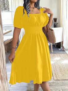 Breezaya 1 件装 女式方领泡泡袖褶皱腰绿色连衣裙，春夏 - 黃色 - 查看 3