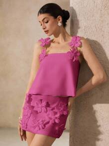 Aveloria Rosie White Handmade 3D Floral Applique Strap Camisole And Matching Mini Skirt Set, Elegant Refined Romantic Outfits For Women