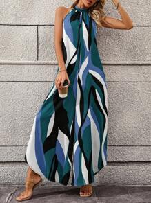 EMERY ROSE Women's Halter Neck Loose Allover Print Wide Leg Jumpsuit - Blue - View 1