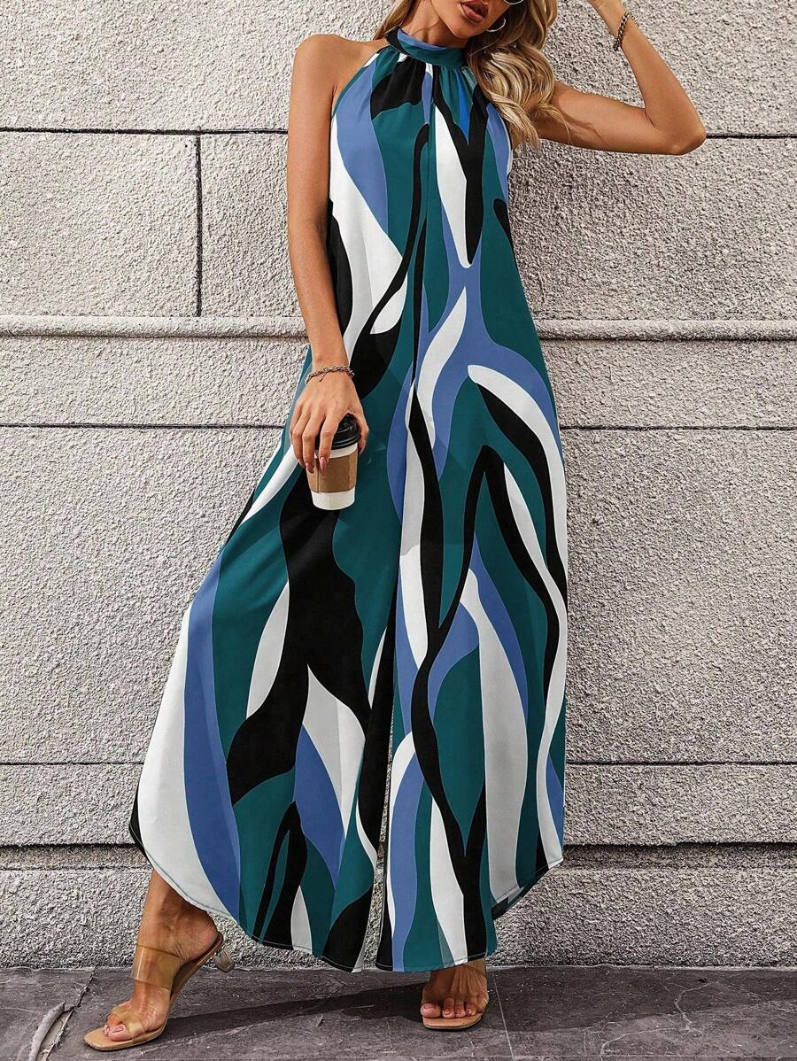 EMERY ROSE Women's Halter Neck Loose Allover Print Wide Leg Jumpsuit - Blue - View 1