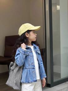SHEIN Playful Pals 年轻女孩牛仔夹克和外套，复古水洗中长牛仔夹克，休闲宽松女孩牛仔夹克，荷叶边下摆，中蓝色，柔软舒适的牛仔面料，适合日常穿着，秋冬新品 - 中等水洗藍 - 查看 6