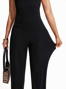 INAWLY Women's Round Neck Sleeveless Casual Denim Jumpsuit - Black - View 5