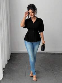 Elenzga 大码女式短袖纯色休闲办公室衬衫 - 黑色 - 查看 3