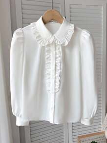 SHEIN 青少年女孩宽松休闲优雅荷叶边泡泡袖纽扣衬衫，舒适日常和学校穿着，长袖上衣白色荷叶边白色衬衫 - 白色 - 查看 9