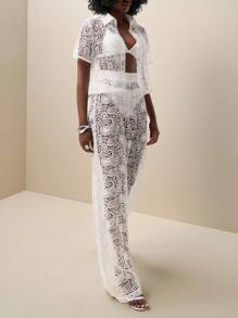 Zolique Solid Color Elastic Waist Fashionable Sexy Lace Trousers Fall Cloth For Women - White - View 4