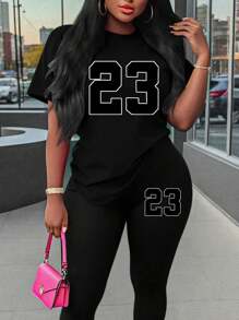 Maweii 2 件套大码女式休闲数字印花短袖 T 恤和裤子套装