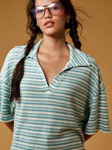 MISSGUIDED Conjunto de ropa de estar en casa de punto acanalado a rayas - Pantalón de pierna ancha + pijama - Ropa de estar en casa cómoda, coordinada para resort y vacaciones, atuendo casual