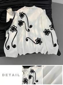 Firerie Plus Size Women Floral Embroidered Drawstring Neck Casual Long Sleeve Sweater Fall/Winter - White - View 8