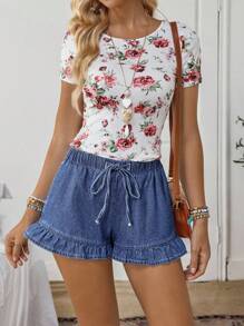 EMERY ROSE Women's Waist Tie Ruffle Hem Loose Denim Shorts - Dark Wash - View 7